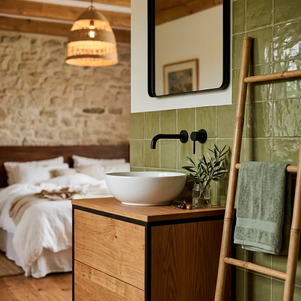 Lavabo sobre mueble de madera con azulejos verdes y escalera de bambú, dormitorio al fondo